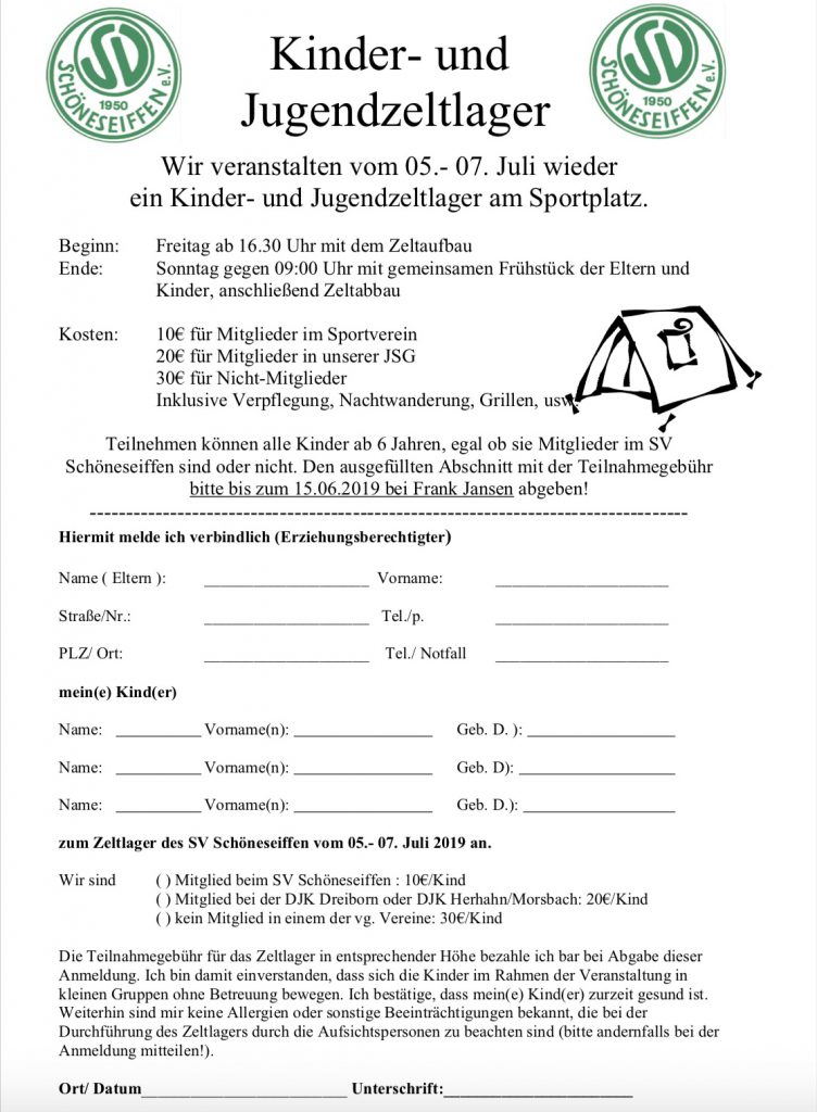Anmeldung zum Kinderzeltlager 2019 - SV Schöneseiffen 1950 e. V.SV